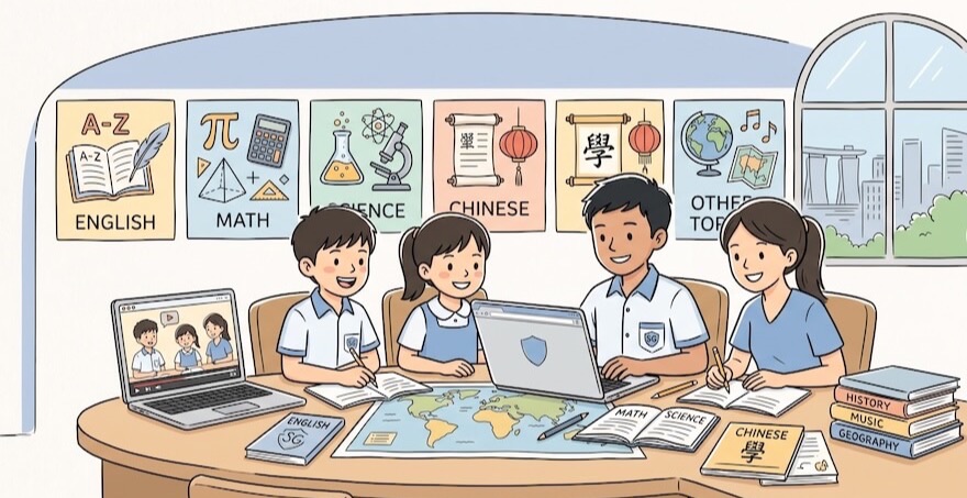 Primary school pupils studying English, Maths, Science and Chinese together