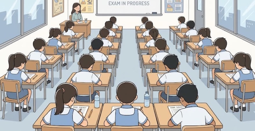 Primary school pupils sitting an exam in a classroom