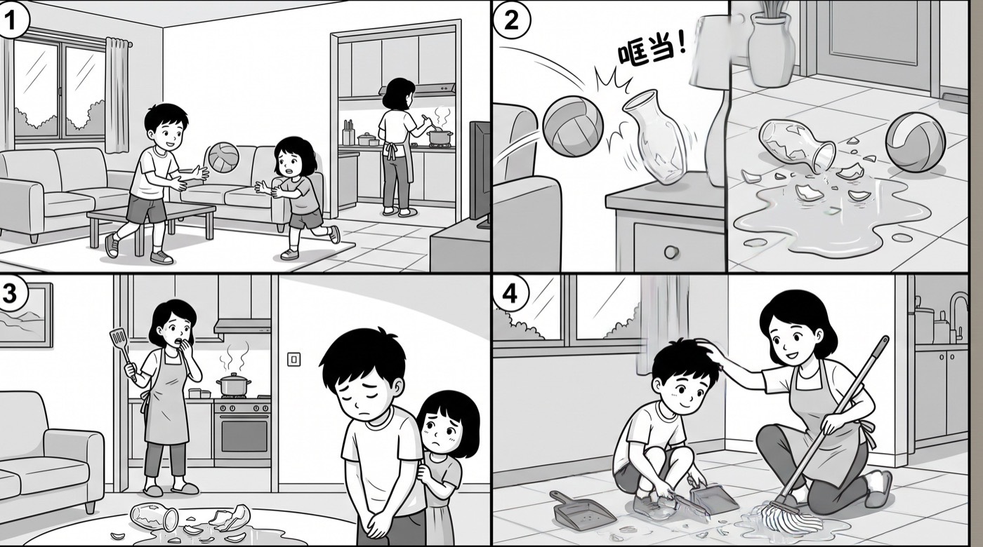 四格图。图一：小明和妹妹在客厅里玩球，妈妈在厨房里煮饭。图二：球飞了出去，「哐当」一声把桌上的花瓶打翻了，花瓶碎在地上，水流了一地。图三：妈妈拿着锅铲从厨房跑出来，看着地上的碎片；小明低着头，妹妹躲在他身后。图四：小明蹲在地上用簸箕收拾碎片，妈妈一边拖地一边摸摸他的头。