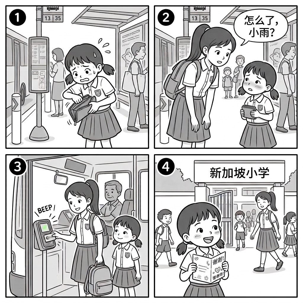 四格图。图一:放学后,小雨在巴士站翻开钱包,发现里面是空的,急得冒汗。图二:一个高年级的姐姐弯下腰问她「怎么了,小雨?」,小雨手里拿着空钱包,不好意思地看着她。图三:在巴士门口,姐姐用自己的交通卡在读卡器上一刷,「BEEP」一声替小雨付了车费,小雨站在她身边。图四:第二天早上,学校门口,小雨双手捧着一张写着「谢谢」的卡片,笑着等那位姐姐走过来。