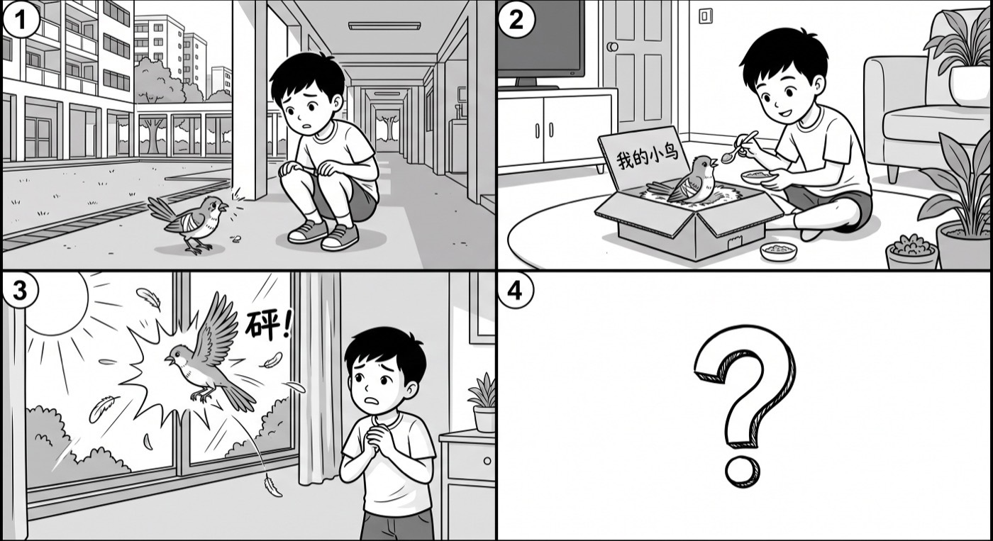 四格图。图一:小杰在组屋楼下蹲着,看着地上一只翅膀受伤、飞不起来的小鸟。图二:在家里,小杰用纸盒做了一个窝,旁边写着「我的小鸟」,他正拿着小勺子喂它。图三:几个星期后,小鸟在屋里飞,「砰」的一声撞到了窗户,羽毛散落,小杰在一旁着急地看着。图四:空白,只有一个问号,等你自己想出结尾。