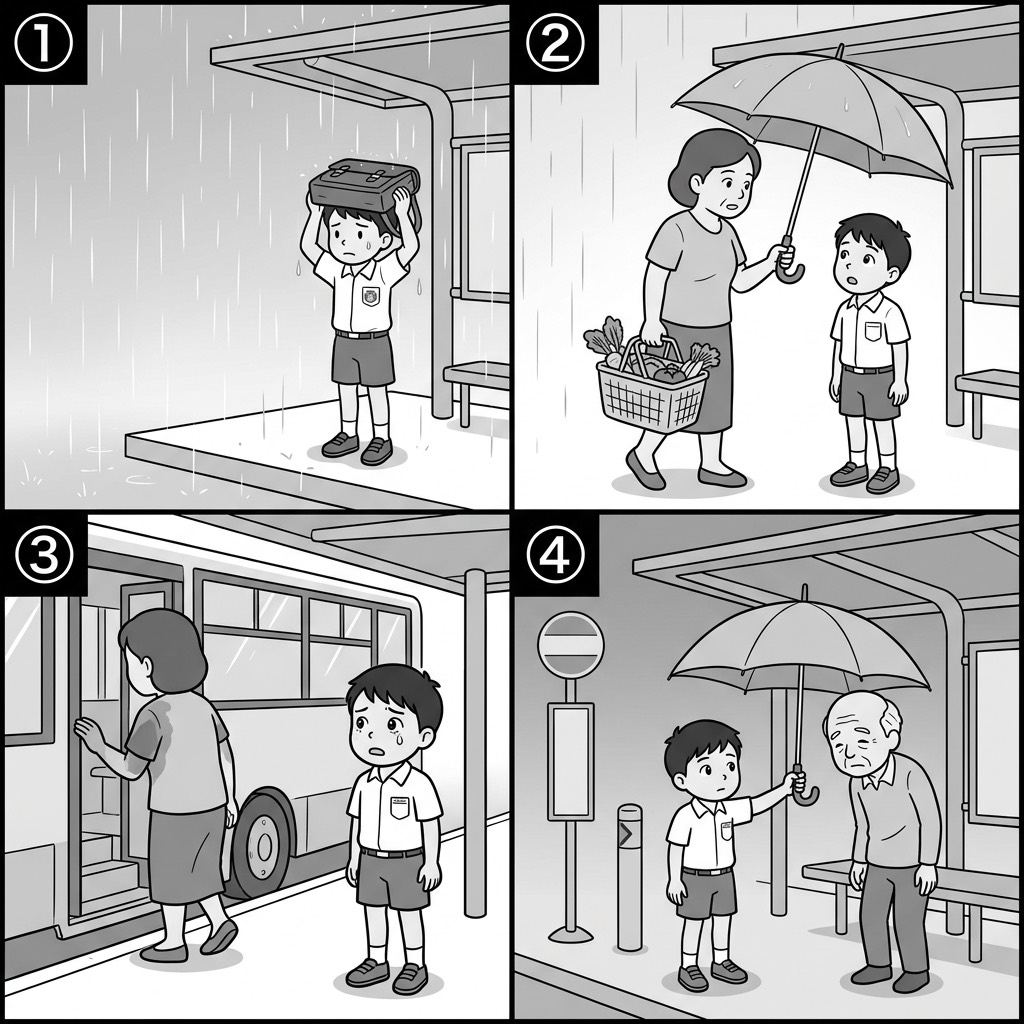 四格图。图一:下雨天的巴士站,一个穿校服的小学生站在候车亭边上淋着雨,把书包顶在头上挡雨,他没有伞。图二:一位提着菜篮的阿姨走过来,撑着伞,把伞明显地往他那边移,两个人站在同一把伞下。图三:巴士来了,阿姨正上车,小学生却站在原地没动 —— 他等的是另一路车。他看着阿姨的背影,发现她靠近他那一侧的半边肩膀和手臂全湿了,衣服颜色明显变深。图四:几天后的傍晚,同一个巴士站,小学生自己撑着伞,把伞往旁边一位陌生的老人家那边移,动作和图二里的阿姨一模一样。