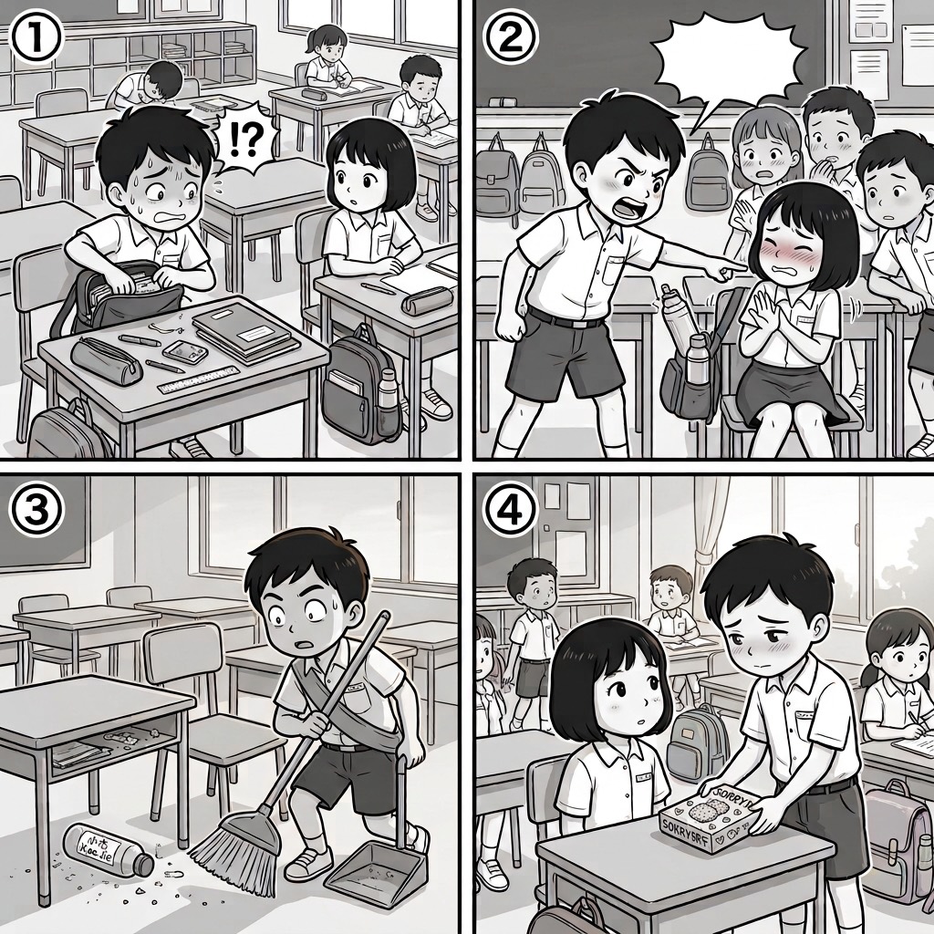 四格图。图一:课室里,小杰翻着书包和抽屉找水壶,一脸着急;同桌小丽坐在旁边,她书包的侧袋里插着一个和他一模一样的水壶。图二:小杰站着指着小丽质问她,表情生气;小丽涨红了脸,举着手辩解,说不出话;旁边几个同学围着看。图三:放学后的课室,小杰一个人拿着扫把扫地,把那个水壶从自己的桌子底下扫了出来 ——瓶身上贴着写有「小杰」的名字贴。他停下动作,睁大眼睛愣在那里。图四:第二天早上,小杰把一盒写着 SORRY 的饼干放在小丽桌上,低着头;小丽抬起头看他。